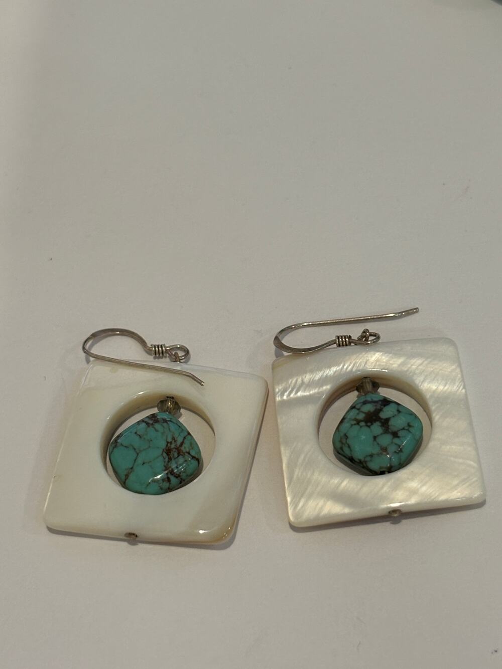 Sterling Silver Genuine Turquoise, Mother of Pearls Dangle Earrings